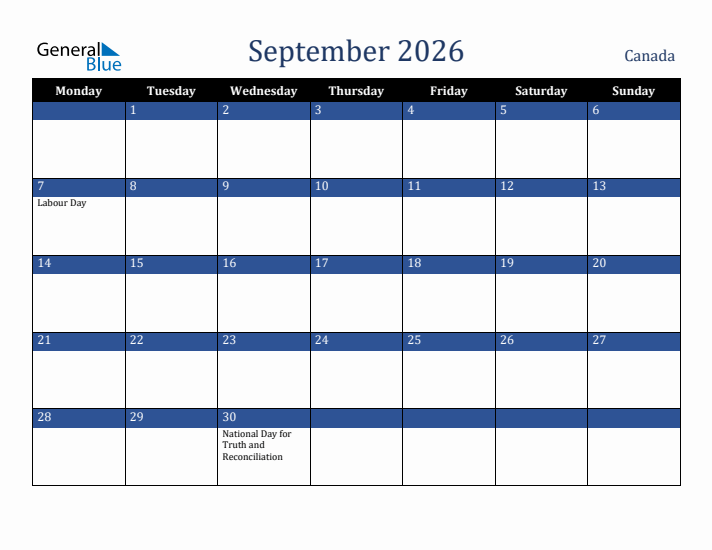 September 2026 Canada Calendar (Monday Start)