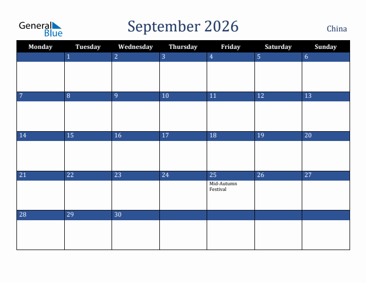 September 2026 China Calendar (Monday Start)