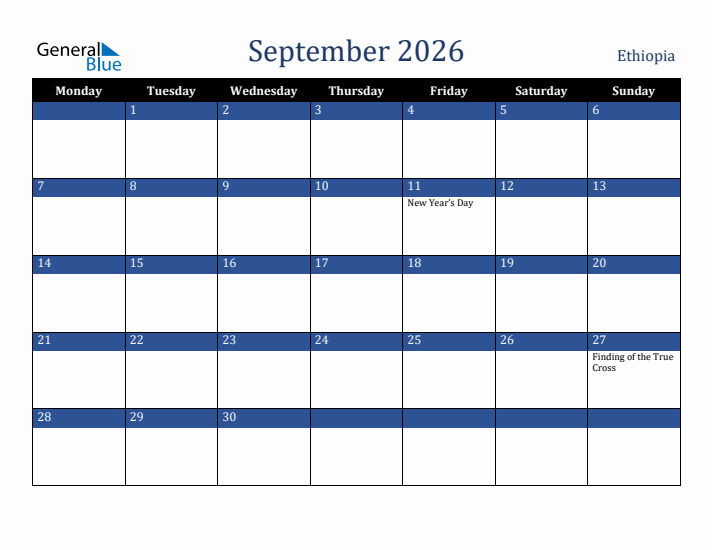 September 2026 Ethiopia Calendar (Monday Start)