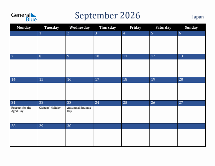 September 2026 Japan Calendar (Monday Start)