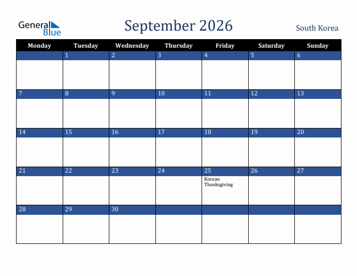 September 2026 South Korea Calendar (Monday Start)