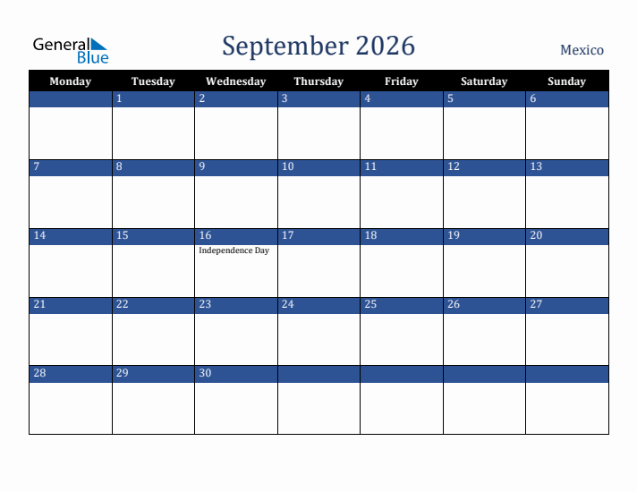 September 2026 Mexico Calendar (Monday Start)