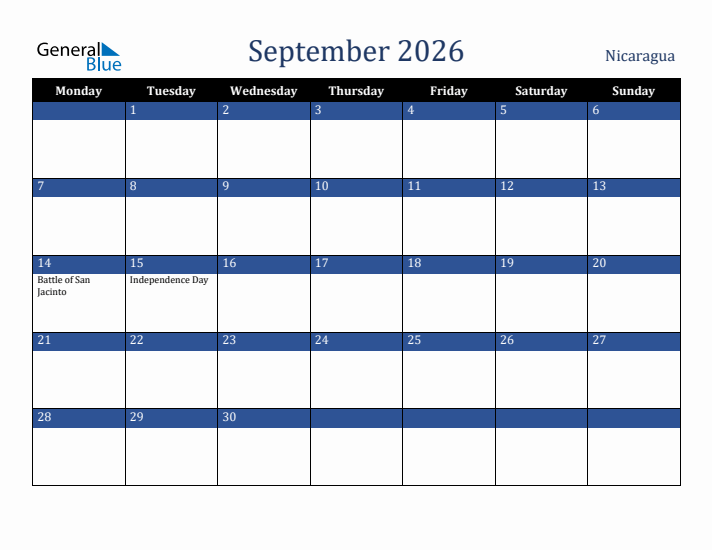 September 2026 Nicaragua Calendar (Monday Start)