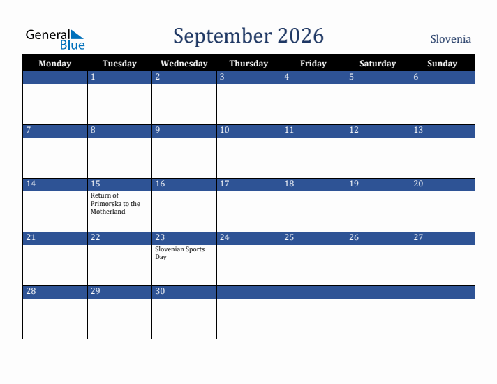 September 2026 Slovenia Calendar (Monday Start)
