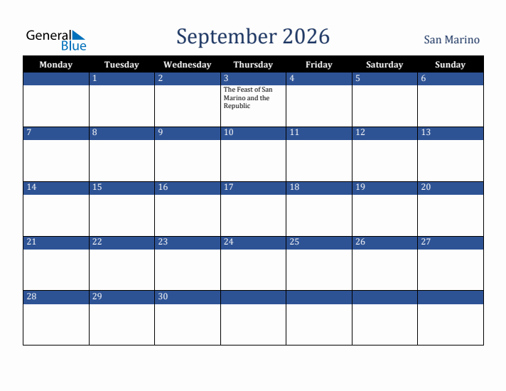 September 2026 San Marino Calendar (Monday Start)