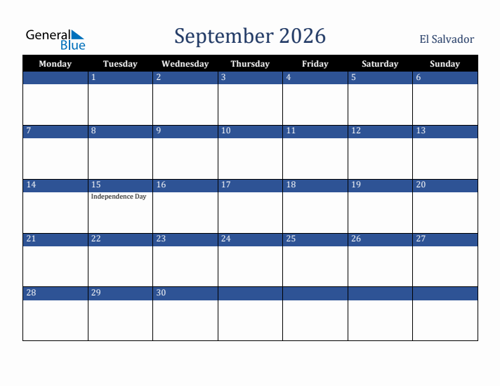 September 2026 El Salvador Calendar (Monday Start)