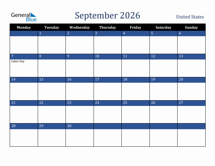 September 2026 United States Calendar (Monday Start)