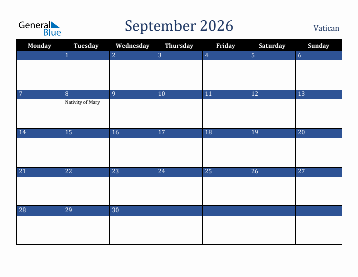 September 2026 Vatican Calendar (Monday Start)