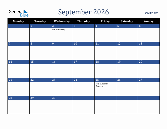 September 2026 Vietnam Calendar (Monday Start)