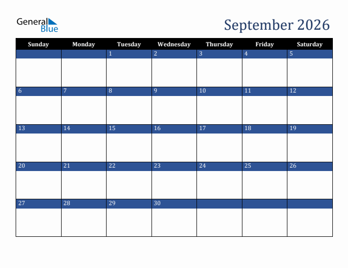 Sunday Start Calendar for September 2026
