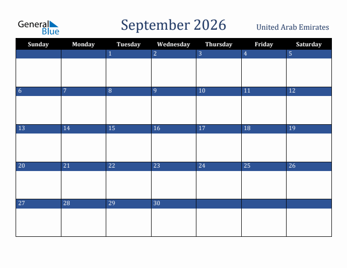 September 2026 United Arab Emirates Calendar (Sunday Start)