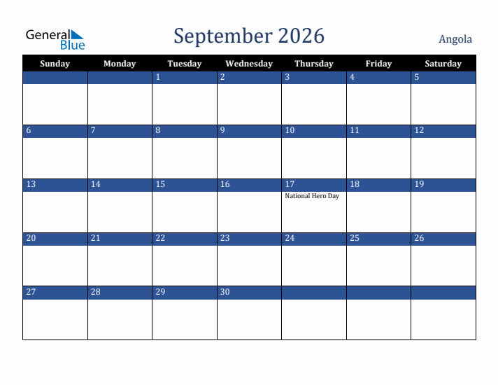 September 2026 Angola Calendar (Sunday Start)