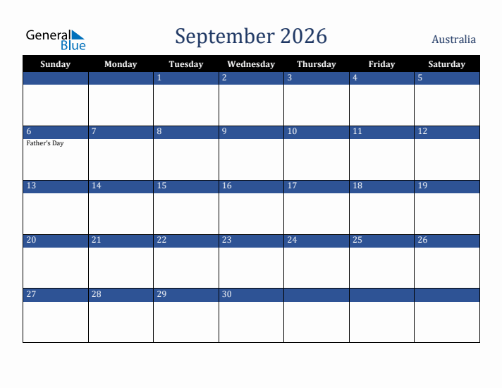 September 2026 Australia Calendar (Sunday Start)