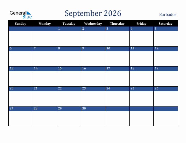 September 2026 Barbados Calendar (Sunday Start)