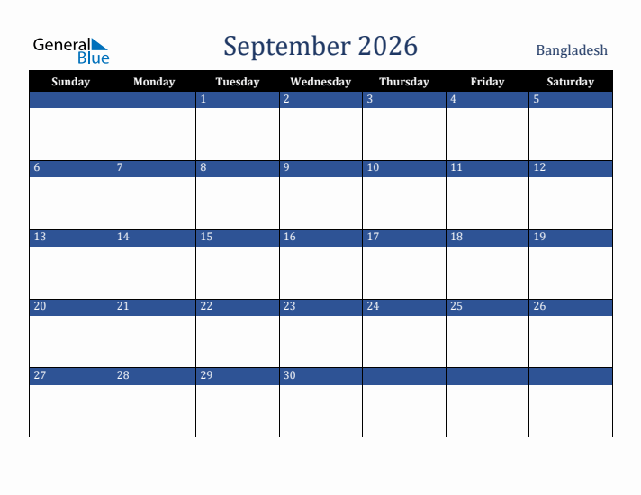 September 2026 Bangladesh Calendar (Sunday Start)