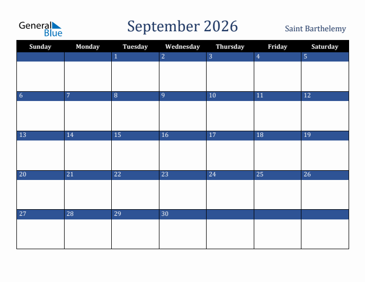 September 2026 Saint Barthelemy Calendar (Sunday Start)