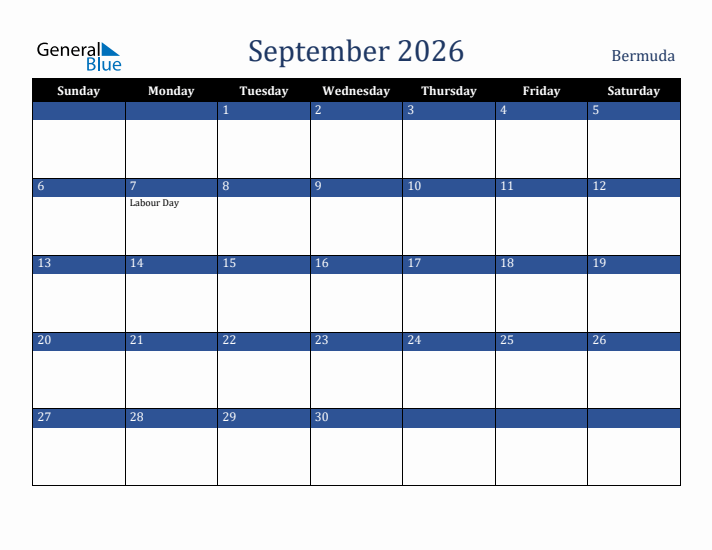 September 2026 Bermuda Calendar (Sunday Start)