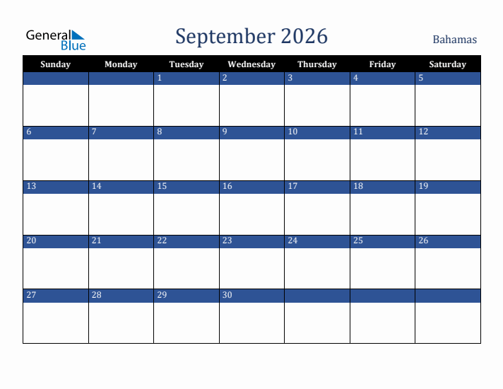 September 2026 Bahamas Calendar (Sunday Start)