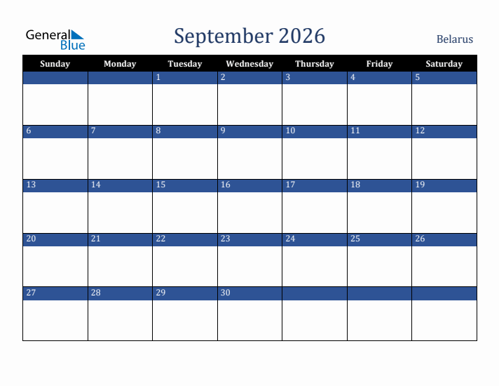 September 2026 Belarus Calendar (Sunday Start)