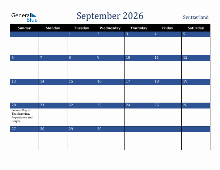 September 2026 Switzerland Calendar (Sunday Start)