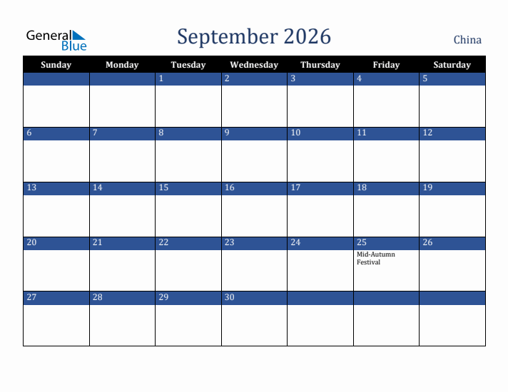 September 2026 China Calendar (Sunday Start)