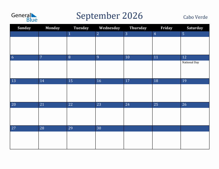 September 2026 Cabo Verde Calendar (Sunday Start)