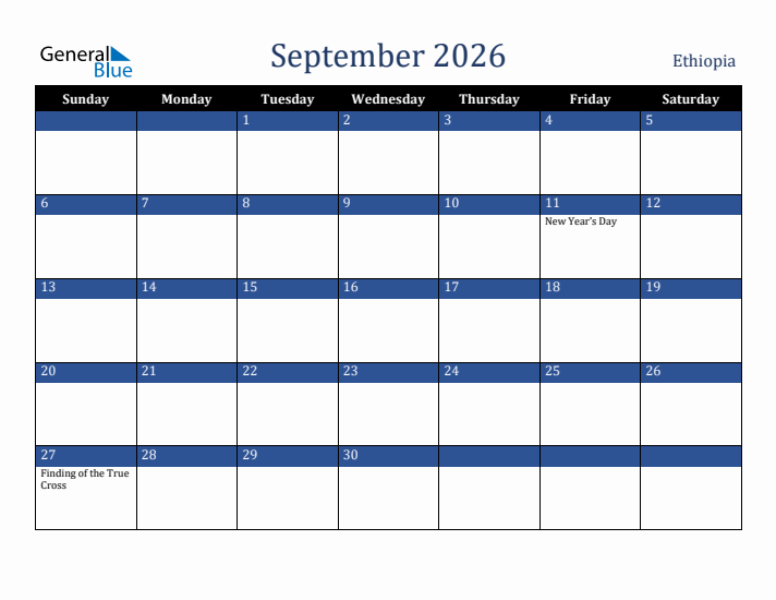September 2026 Ethiopia Calendar (Sunday Start)