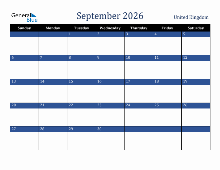 September 2026 United Kingdom Calendar (Sunday Start)