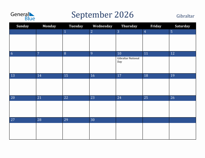 September 2026 Gibraltar Calendar (Sunday Start)
