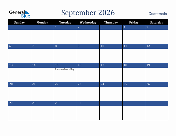 September 2026 Guatemala Calendar (Sunday Start)