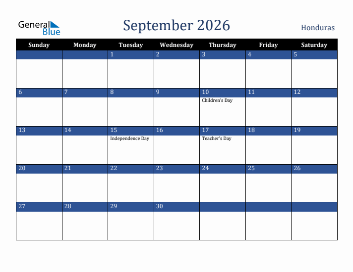 September 2026 Honduras Calendar (Sunday Start)