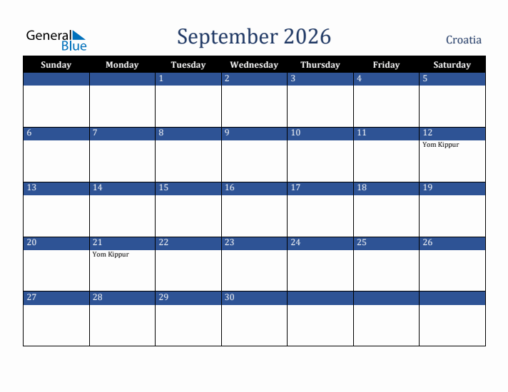 September 2026 Croatia Calendar (Sunday Start)
