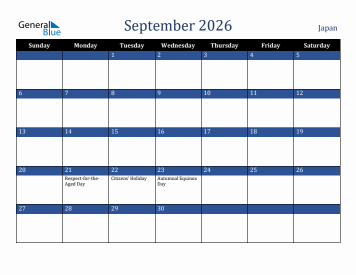 September 2026 Japan Calendar (Sunday Start)