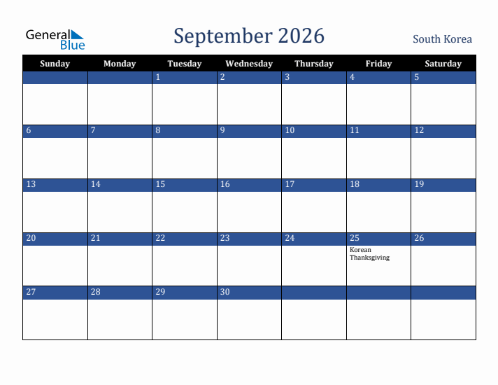 September 2026 South Korea Calendar (Sunday Start)