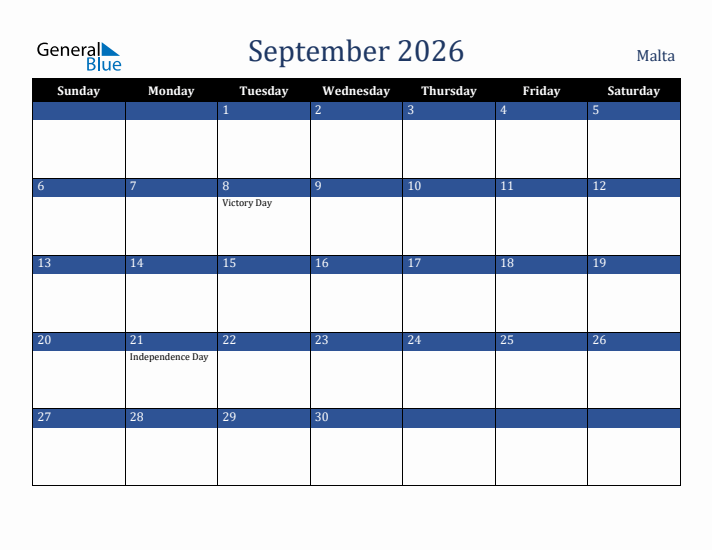 September 2026 Malta Calendar (Sunday Start)