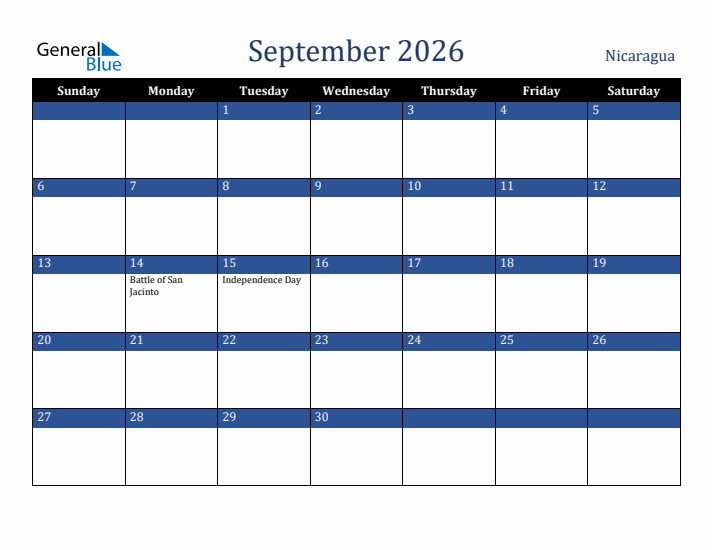 September 2026 Nicaragua Calendar (Sunday Start)