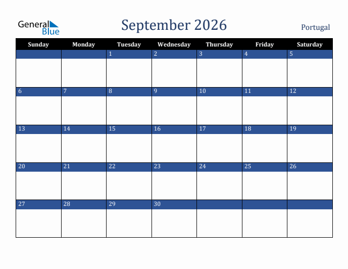 September 2026 Portugal Calendar (Sunday Start)