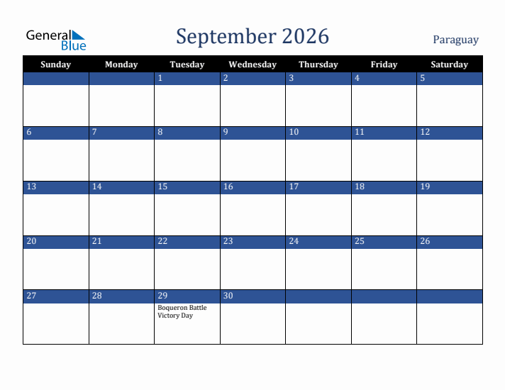 September 2026 Paraguay Calendar (Sunday Start)