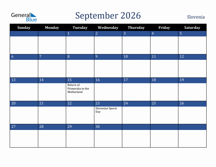 September 2026 Slovenia Calendar (Sunday Start)