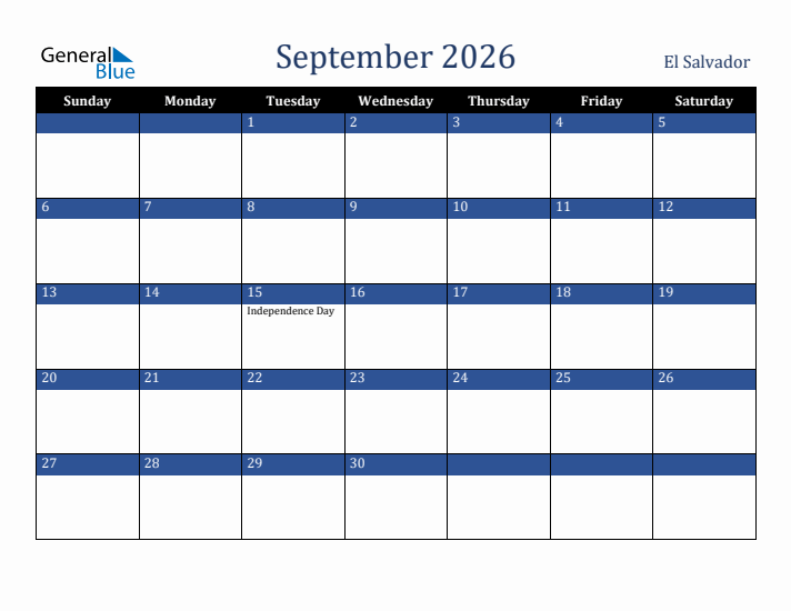 September 2026 El Salvador Calendar (Sunday Start)