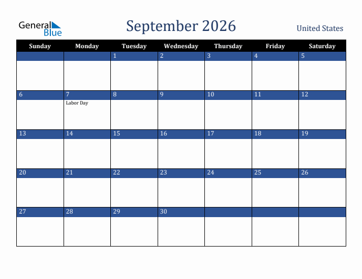September 2026 United States Calendar (Sunday Start)