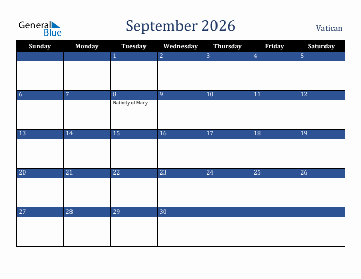 September 2026 Vatican Calendar (Sunday Start)
