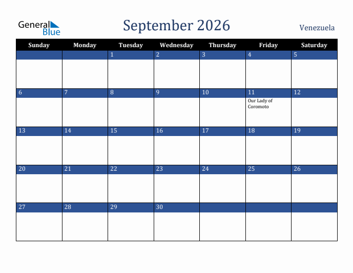 September 2026 Venezuela Calendar (Sunday Start)