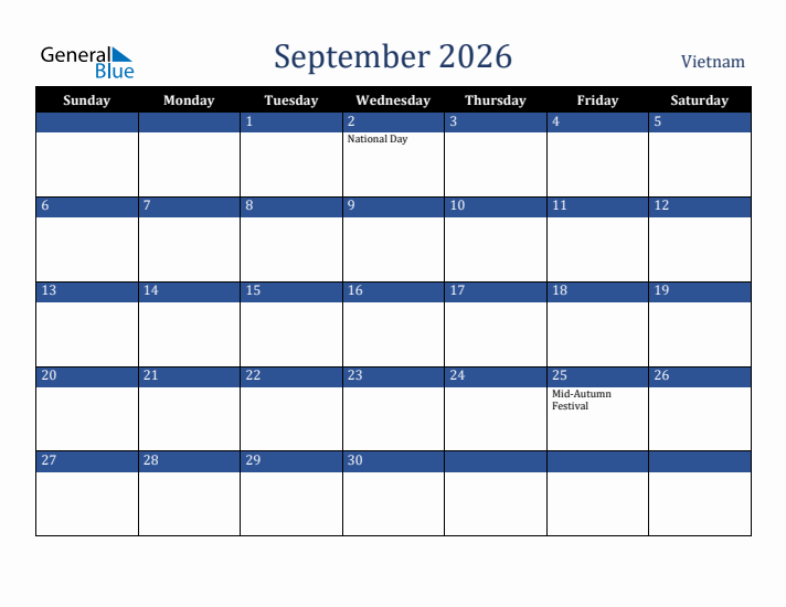 September 2026 Vietnam Calendar (Sunday Start)