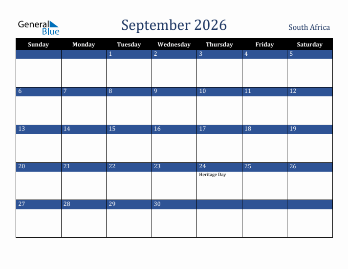 September 2026 South Africa Calendar (Sunday Start)