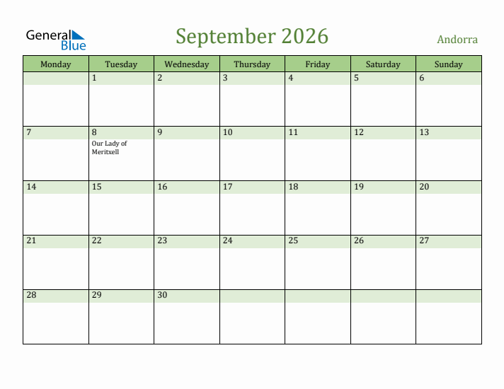 September 2026 Calendar with Andorra Holidays