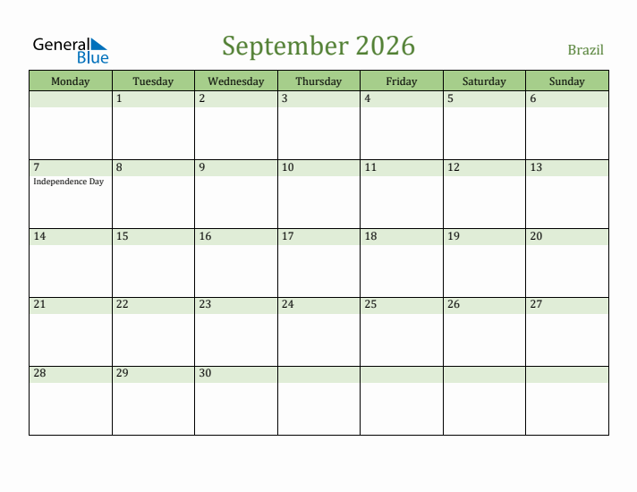 September 2026 Calendar with Brazil Holidays