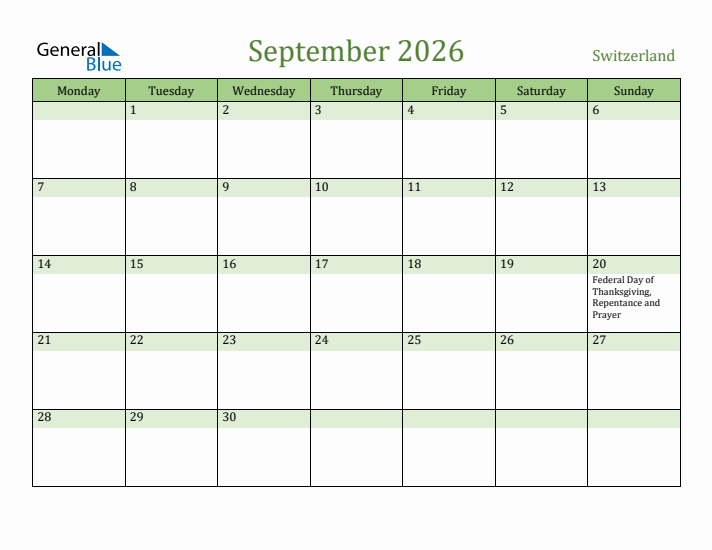 September 2026 Calendar with Switzerland Holidays