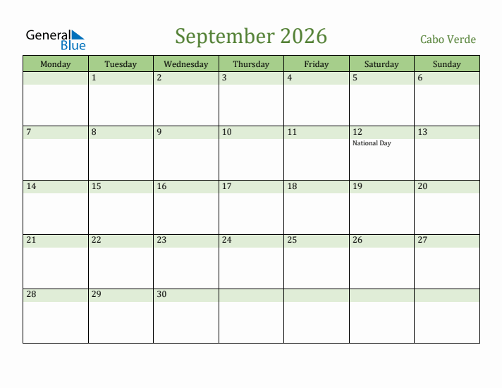 September 2026 Calendar with Cabo Verde Holidays