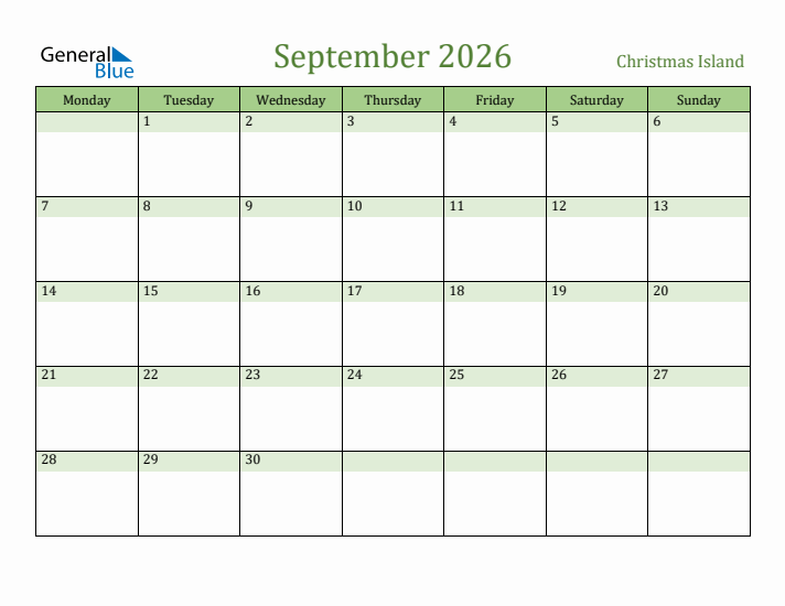 September 2026 Calendar with Christmas Island Holidays
